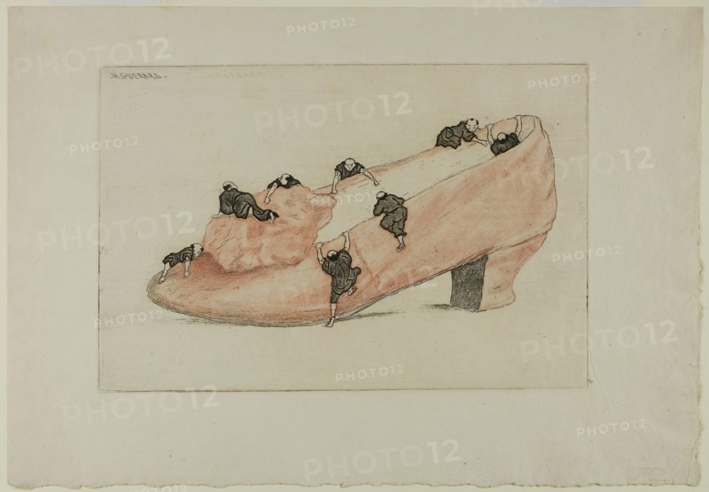 The Assault of the Shoe, 1888, Henri Charles Guérard, French, 1846-1897, France, Etching, with open bite, in light red and black on cream laid paper, 168 × 252 mm (image/plate), 250 × 360 mm (sheet)