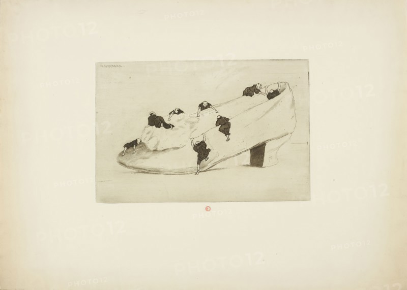 The Assault of the Shoe, 1888, Henri Charles Guérard, French, 1846-1897, France, Etching, with open bite, in black on cream wove paper, 167 × 254 mm (image/plate), 355 × 490 mm (sheet)