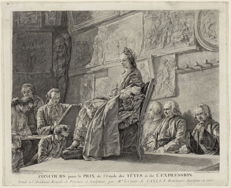 Contest for the Prize for the Study of Heads and Expression, 1763, based on a drawing from 1761, Jean-Jacques Flipart (French, 1719-1782), after Charles-Nicholas Cochin (French, 1715-1790), France, Etching and engraving on off-white laid paper, 206 × 266 mm (image), 236 × 288 mm (sheet), trimmed within plate mark