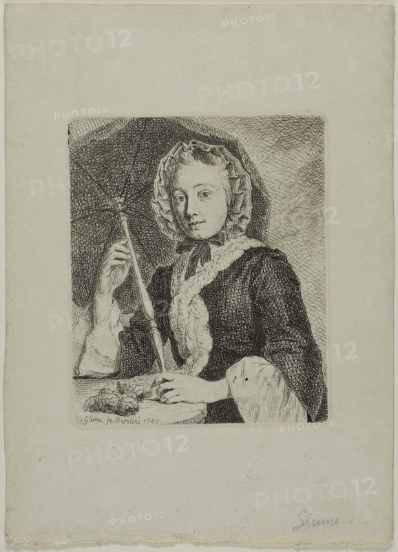 Woman with a Parasol (Mrs. Friedrich Christian Glume, Sister-in-Law of the Artist), 1749, Johann Gottlieb Glume, German, 1711-1778, Germany, Etching in black on cream laid paper, 130 × 108 mm (image/plate), 227 × 165 mm (sheet)