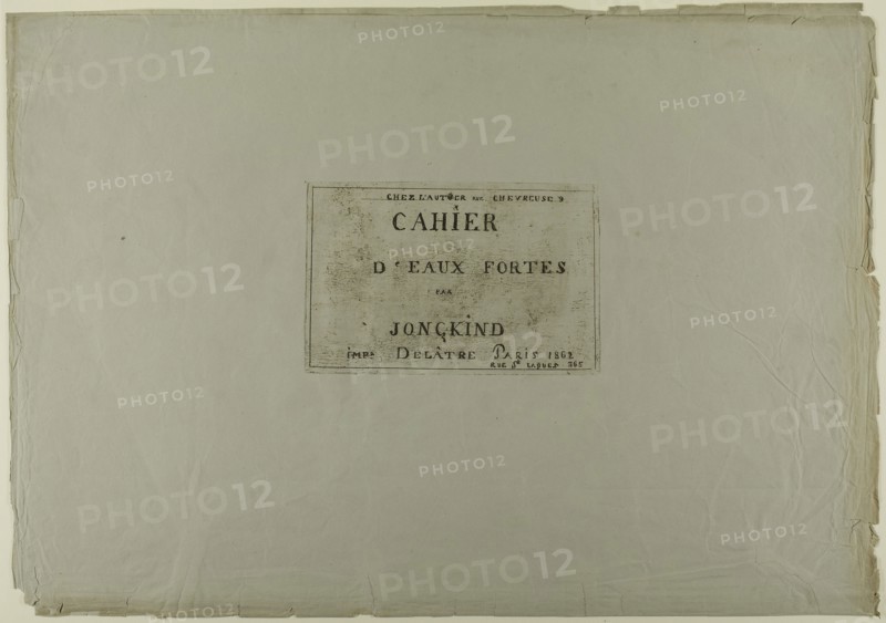 Cover page, from Cahier de six eaux-fortes, vues de Hollande, 1862, Johan Barthold Jongkind, Dutch, 1819-1891, Netherlands, Etching in brownish-black on gray-blue wove paper (discolored to a gray-green), 117 x 180 mm (image/plate), 375 x 535 mm (sheet)