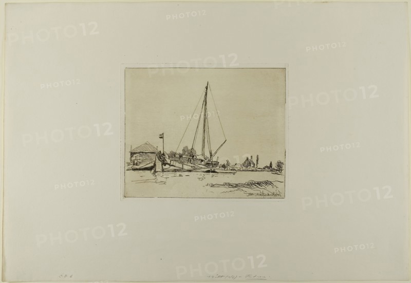 The Moored Boat, from Cahier de six eaux-fortes, vues de Hollande, 1862, Johan Barthold Jongkind, Dutch, 1819-1891, Netherlands, Etching in brownish-black on ivory laid paper, 167 x 206 mm (image), 177 x 215 mm (plate), 359 x 523 mm (sheet)