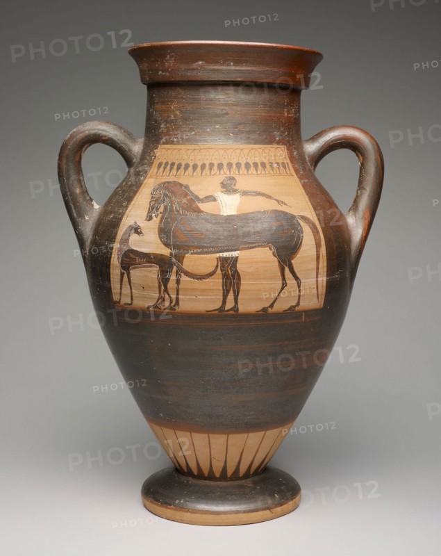 Amphora (Storage Jar), about 530/520 BC, Attributed to the Ivy Leaf Group, Etruscan, Etruria, terracotta, decorated in the black-figure technique, 38.7 × 27.9 cm (15 1/4 × 11 in.), diam. 19.4 cm (7 5/8 in.)