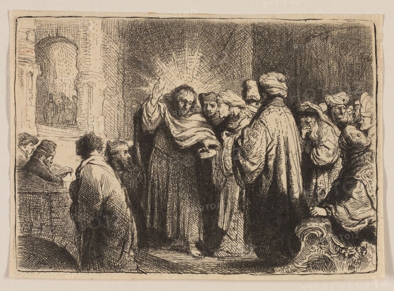 The Tribute Money, c. 1634, Rembrandt van Rijn, Dutch, 1606-1669, Netherlands, Etching in black on ivory laid paper, 72 x 102 mm (image/plate, sight), 76 x 106 mm (sheet, sight), The Palace Doorway, plate 22 from the North Italian Set, 1895, David Young Cameron, Scottish, 1865-1945, Scotland, Etching on ivory laid paper, 240 x 302 mm (image), 248 x 302 mm (sheet, trimmed within plate mark)