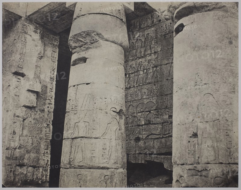 Medinet Habu, Mortuary Temple of Ramses III, Left Wall (Médinet-Habou, Temple funéraire de Ramsès III, paroi gauche, 1854, John Beasly Greene, American, born France, 1832–1856, United States, Salted paper print, 23.3 x 29.8 cm (image/paper), 47.1 x 60.4 cm (mount)