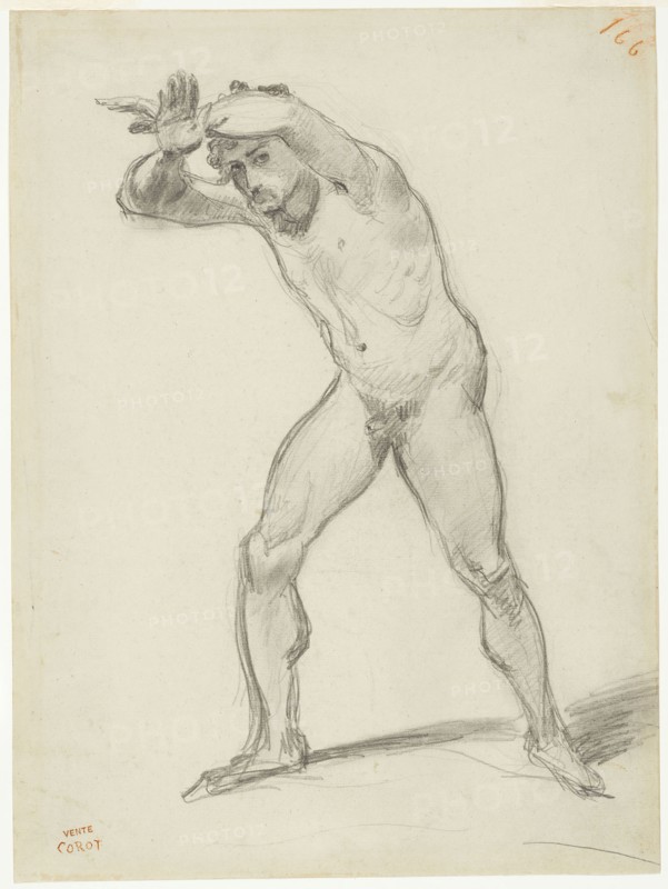 Standing Male Nude, 1843, Jean-Baptiste-Camille Corot, French, 1796-1875, France, Graphite, with stumping, on greenish ivory laid paper, 370 × 274 mm
