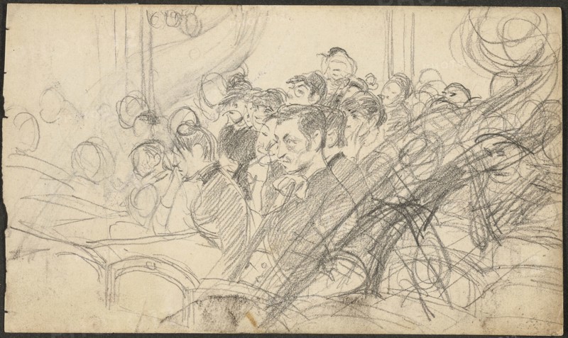 Audience at a Parisian Theatre I, c. 1885, Giovanni Boldini, Italian, 1842-1931, Italy, Graphite on cream wove paper, 89 x 151 mm