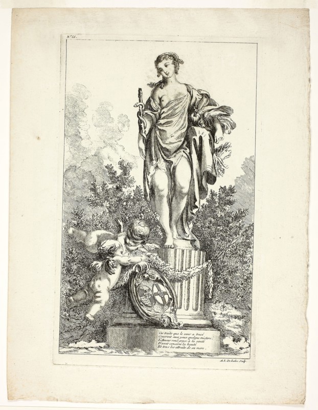 Two Lovers Giving Thanks to the Statue of Health, n.d., Ange Laurent de La Live de Jully (French, 1725-1779), after François Boucher (French, 1703-1770), France, Etching in black on ivory laid paper, 280 × 170 mm (image), 295 × 180 mm (plate), 348 × 266 mm (sheet)