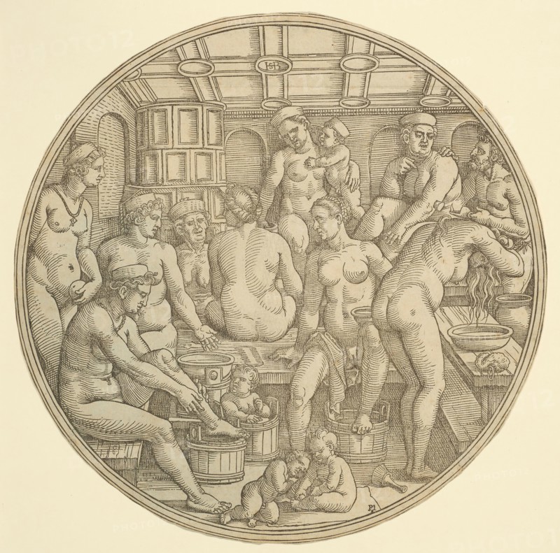 The Women’s Bath, 1530/40, Sebald Beham, German, 1500-1550, Germany, Woodcut in black, with touches of brush and black ink, on cream laid paper, 229 × 229 mm (image/block/sheet)