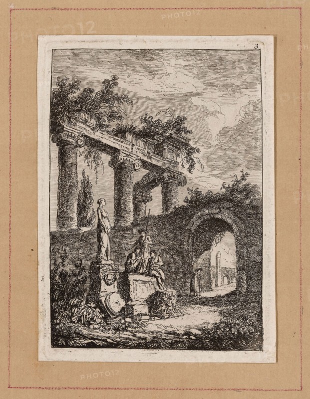 Plate Three from Evenings in Rome, 1763/64, Hubert Robert, French, 1733–1808, France, Etching in black on off-white laid paper, tipped onto tan laid paper, 123 × 90 mm (image), 135 × 95 mm (plate), 139 × 101 mm (primary support) 184 × 141 mm (secondary support)