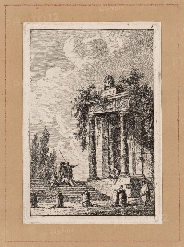 Plate Four from Evenings in Rome, 1763/64, Hubert Robert, French, 1733–1808, France, Etching in black on off-white laid paper, tipped onto tan laid paper, 123 × 87 mm (image), 133 × 94 mm (plate), 140 × 97 mm (primary support) 184 × 137 mm (secondary support)