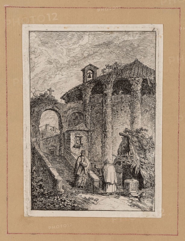 Plate Five from Evenings in Rome, 1763/64, Hubert Robert, French, 1733–1808, France, Etching in black on off-white laid paper, tipped onto tan laid paper, 130 × 92 mm (image), 134 × 97 mm (plate), 141 × 103 mm (primary support) 181 × 142 mm (secondary support)