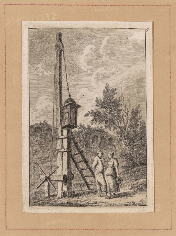 Plate Nine from Evenings in Rome, 1763/64, Hubert Robert, French, 1733–1808, France, Etching in black on off-white laid paper, tipped onto tan laid paper, 131 × 87 mm (image), 137 × 94 mm (plate), 141 × 97 mm (primary support) 186 × 137 mm (secondary support)