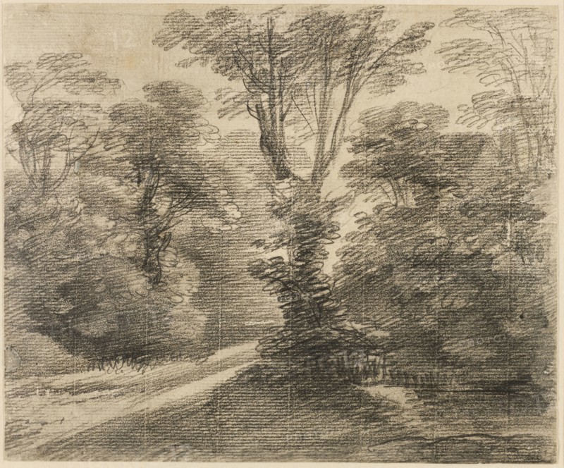 A Sunlit Path through a Wood, 1750/59, Thomas Gainsborough, English, 1727-1788, England, Graphite, with brush and gray wash, on cream laid paper, laid down on cream wove paper, edge mounted onto grayish-cream wove paper, 158 × 191 mm