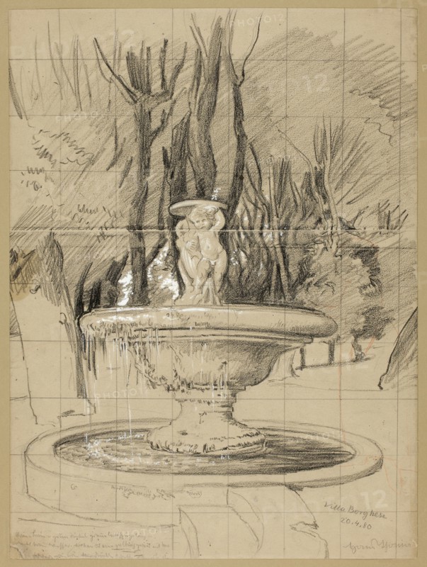 Fountain with Putti in the Garden of the Villa Borghese, 1880, Hans Thoma, German, 1839-1924, Germany, Black crayon over graphite, with opaque white watercolor and touches of red chalk, squared with graphite for transfer, on tan wove paper, 466 × 346 mm