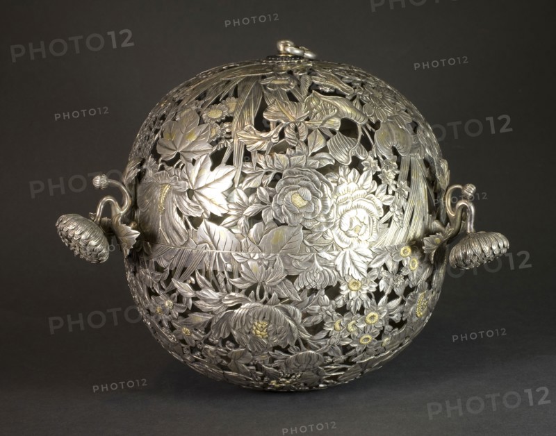 Hanging Incense Burner, 19th century, Japanese, Japan, Silver, gold, silk cords, Diam. 18.5 cm (7 1/8 in.)