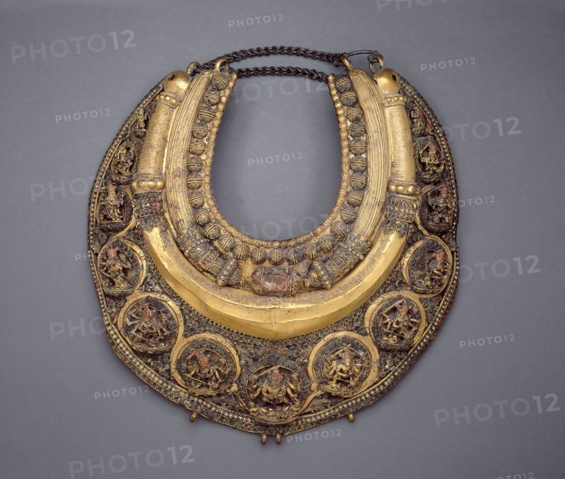 Necklace Inscribed with the Name of King Pratapamalladeva, About 1650, Nepal, Kathmandu Valley, Kathmandu Valley, Gilt copper with semiprecious stones, 36.2 × 35.6 × 8.9 cm (14 1/4 × 14 × 3 1/2 in.)