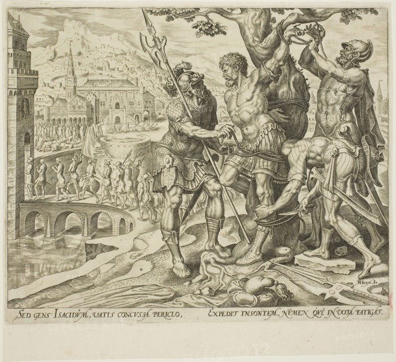 The Israelites Finding Achior Tied to a Tree, plate two from The Story of Judith and Holofernes, 1564, Philip Galle (Netherlandish, 1537-1612), after Maarten van Heemskerck (Dutch, 1498-1574), Netherlands, Engraving in black on ivory laid paper, 203 x 246 mm (image), 204 x 249 mm (plate), 231 x 253 mm (sheet)