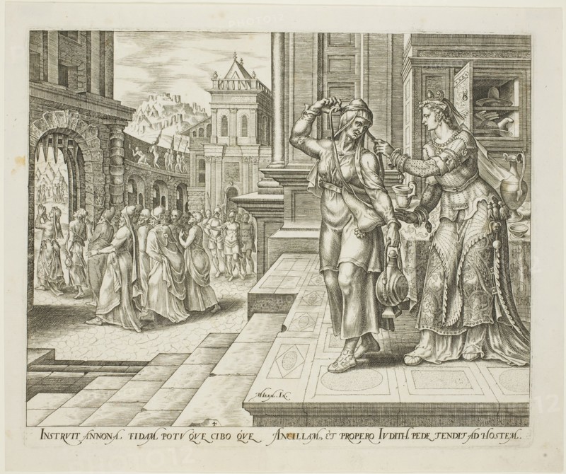 Judith Preparing Herself to Leave for the Enemies’ Camp, plate four from The Story of Judith and Holofernes, 1564, Philip Galle (Netherlandish, 1537-1612), after Maarten van Heemskerck (Dutch, 1498-1574), Netherlands, Engraving in black on ivory laid paper, 202 x 246 mm (image), 204 x 248 mm (plate), 228 x 274 mm (sheet)