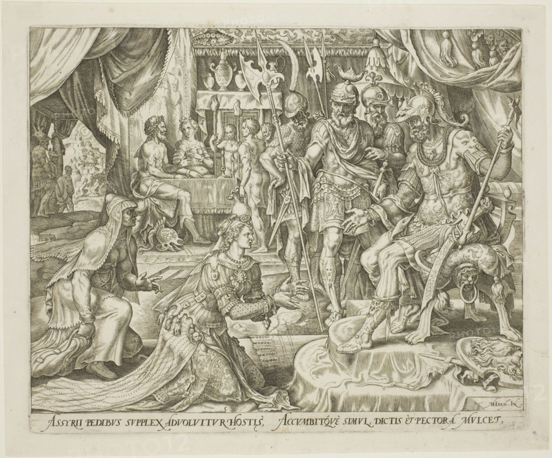 Judith Presented to Holofernes, plate five from The Story of Judith and Holofernes, 1564, Philip Galle (Netherlandish, 1537-1612), after Maarten van Heemskerck (Dutch, 1498-1574), Netherlands, Engraving in black on ivory laid paper, 203 x 248 mm (image), 205 x 251 mm (plate), 228 x 274 mm (sheet)