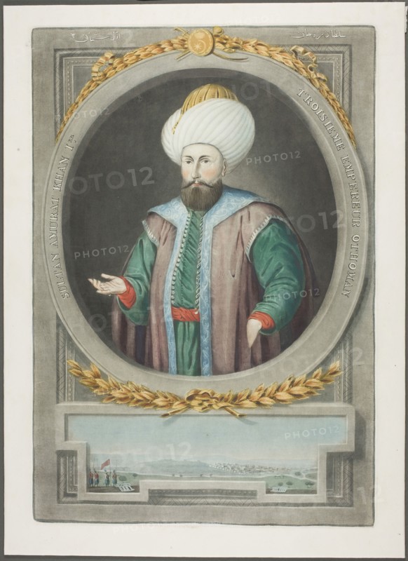 Amurat Kahn I, from Portraits of the Emperors of Turkey, 1815, John Young, English, 1755-1825, England, Mezzotint, hand-colored with brush and watercolor, on ivory wove paper, 375 × 253 mm