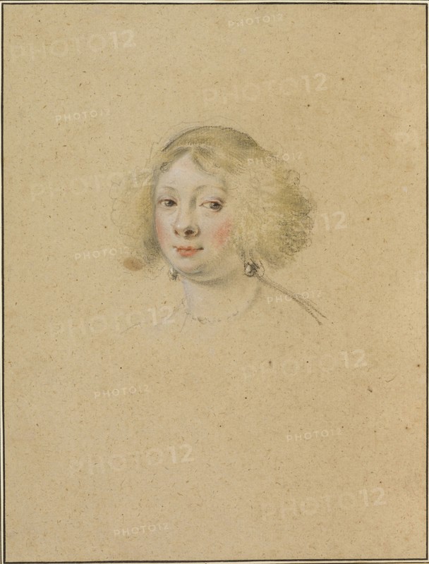 Portrait of a Young Woman with Pearl Earrings, 1632/35, Simon Vouet, French, 1590-1649, France, Black chalk and pastel, heightened with white chalk, on light brown laid paper, laid down on an eighteenth-century mount with framing lines, 277 × 210 mm