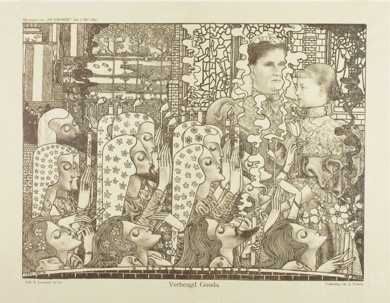 Happy Gouda, drawn April 1897 and published May 2, 1897, Jan Toorop (Dutch, 1858-1928), printed by S. Lankhout and Company, Netherlands, Lithograph in brown on cream wove paper, 292 x 386 mm (image), 344 x 347 mm (sheet)