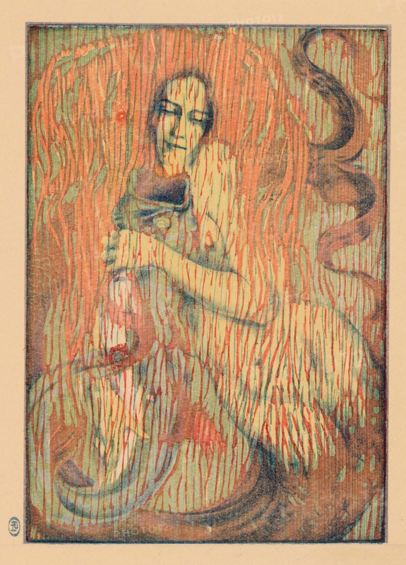 Playful Mermaid, 1897, Henri Héran (née Paul Herrmann) (German, 1864–1940), published by Pan (German and French, 1895-1900), Germany, Color woodcut from three blocks and lithograph in blue on tan wove paper, 292 × 204 mm (image/block), 485 × 323 mm (sheet)