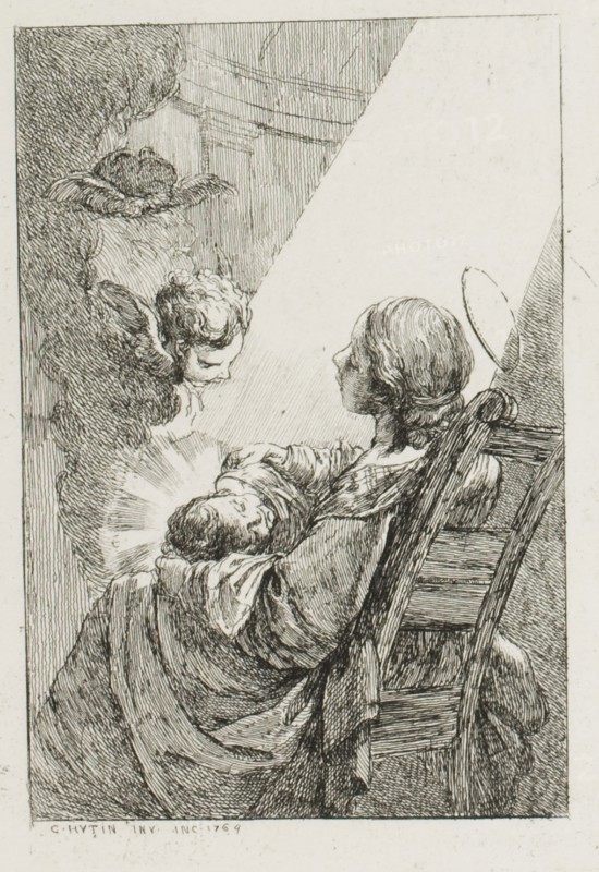 The Virgin Mary Cradling the Baby Jesus, 1764, Charles-François Hutin, French, 1715-1776, France, Etching in black on off-white laid paper, 130 × 90 mm (image), 184 × 120 mm (plate), 204 × 141 mm (sheet)
