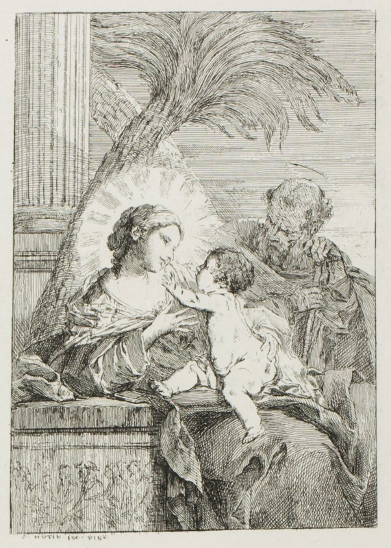Rest of the Holy Family in Egypt, 1764, Charles-François Hutin, French, 1715-1776, France, Etching in black on off-white laid paper, 149 × 105 mm (image), 213 × 158 mm (plate), 221 × 170 mm (sheet)