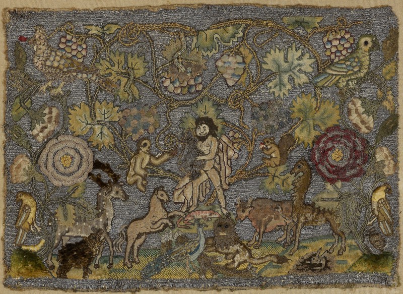 Orpheus Charming the Animals, first half 17th century, England, Linen plain weave embroidered in silk floss, silk chenille and gilt-metal-strip-wrapped silk, glass beads, applied braid, 21 × 31 cm (8 1/4 × 12 3/16 in.)