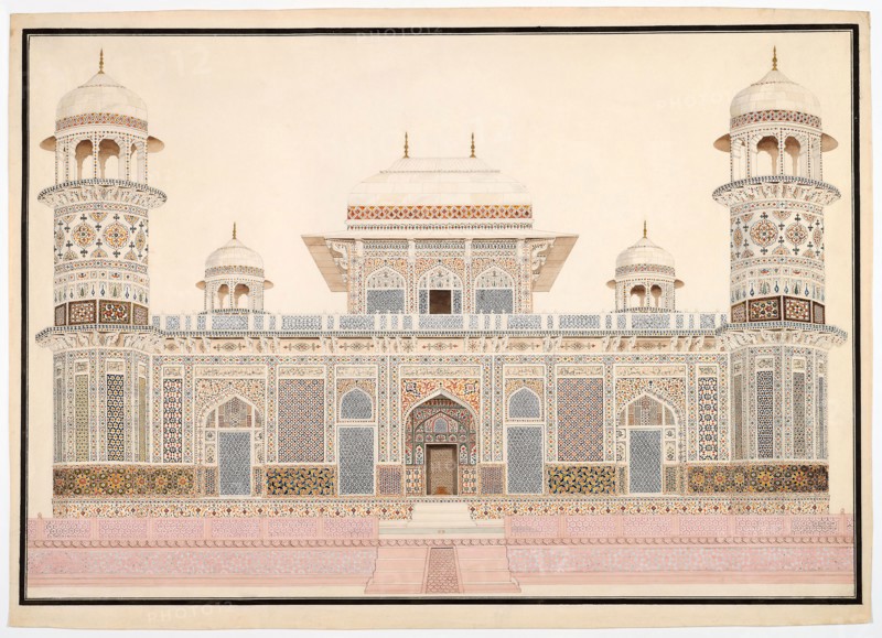 I’timad-ud-Daula’s Tomb at Agra, c. 1820, India, Agra, India, Watercolor on paper watermarked J. Whatman with pencil, pen, ink and gold, 51 × 74 cm  (21.1 × 29.1 in.)