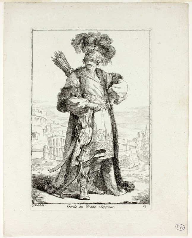 Garde du Grand Seigneur, plate thirteen from Caravanne du Sultan à la Mecque, 1748, Joseph Marie Vien, French, 1716-1809, France, Etching on ivory laid paper, 194 × 132 mm (image), 203 × 135 mm (plate), 261 × 207 mm (sheet)