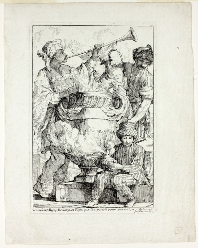 Trompettes, Pages, Esclaves, et Vases que l’on portait pour présent à Mahomet, from Caravanne du Sultan à la Mecque, 1748, Joseph Marie Vien, French, 1716-1809, France, Etching on ivory laid paper, 198 × 132 mm (image), 207 × 137 mm (plate), 261 × 207 mm (sheet)