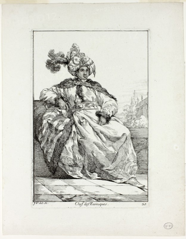 Chef des Eunuques, plate 20 from Caravanne du Sultan à la Mecque, 1748, Joseph Marie Vien, French, 1716-1809, France, Etching on ivory laid paper, 194 × 130 mm (image), 203 × 135 mm (plate), 265 × 206 mm (sheet)