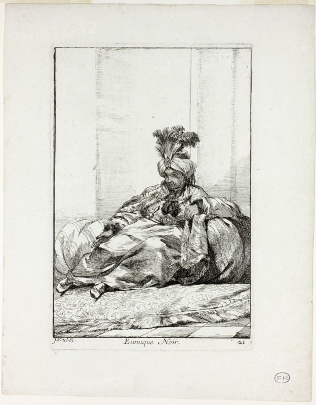 Eunuque Noir, plate 21 from Caravanne du Sultan à la Mecque, 1748, Joseph Marie Vien, French, 1716-1809, France, Etching on ivory laid paper, 194 × 132 mm (image), 205 × 135 mm (plate), 266 × 207 mm (sheet)