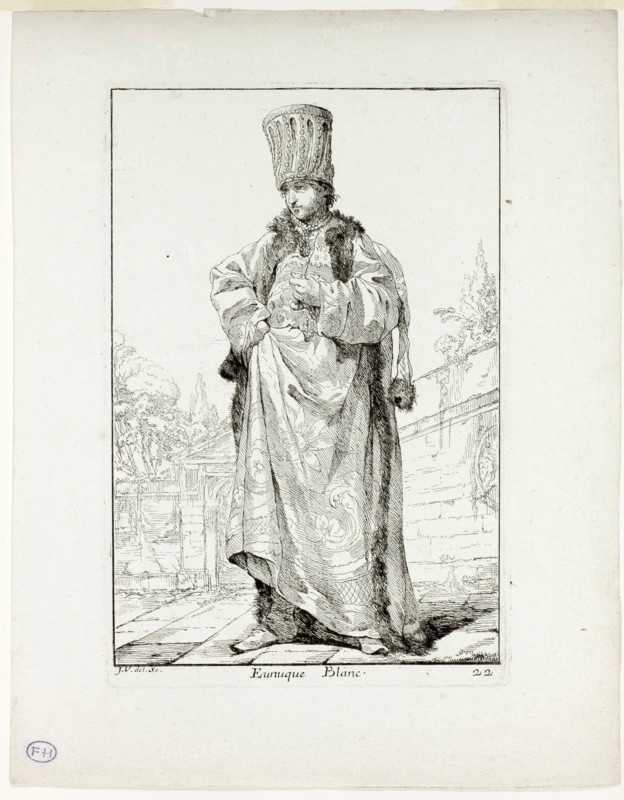 Eunuque Blanc, plate 22 from Caravanne du Sultan à la Mecque, 1748, Joseph Marie Vien, French, 1716-1809, France, Etching on ivory laid paper, 196 × 131 mm (image), 205 × 135 mm (plate), 264 × 206 mm (sheet)