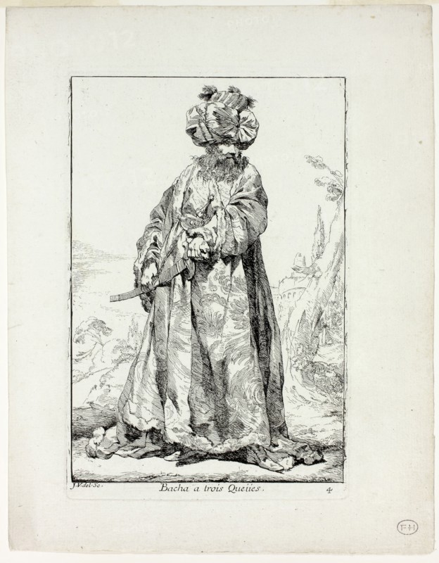Bacha à trois Queues, plate four from Caravanne du Sultan à la Mecque, 1748, Joseph Marie Vien, French, 1716-1809, France, Etching on ivory laid paper, 195 × 132 mm (image), 205 × 136 mm (plate), 264 × 205 mm (sheet)