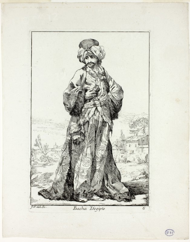 Bacha d’Égypte, plate six from Caravanne du Sultan à la Mecque, 1748, Joseph Marie Vien, French, 1716-1809, France, Etching on ivory laid paper, 195 × 132 mm (image), 205 × 136 mm (plate), 265 × 210 mm (sheet)