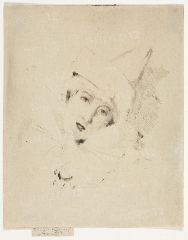 Pierrot, Portrait of the Lady A. C., 1888, Theodore Roussel, French, worked in England, 1847-1926, England, Drypoint in black on cream wove paper, 75 × 80 mm (image), 118 × 94 mm (plate), 122 × 95 mm (sheet, with signature tab)