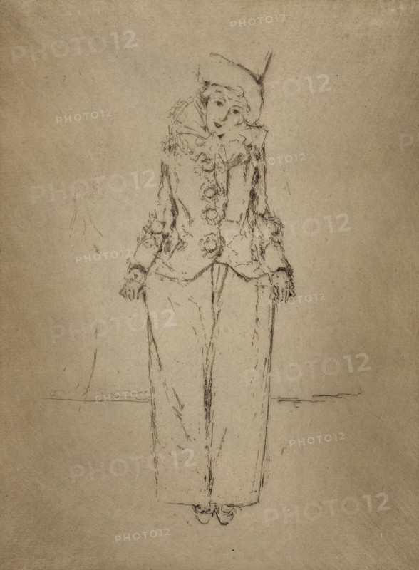 Pierrot en Pied, Portrait of the Lady A. C., 1888, Theodore Roussel, French, worked in England, 1847-1926, England, Etching in brown with plate tone on cream laid paper, 205 × 140 (image), 251 × 190 mm (plate), 254 × 190 mm (sheet, with signature tab)