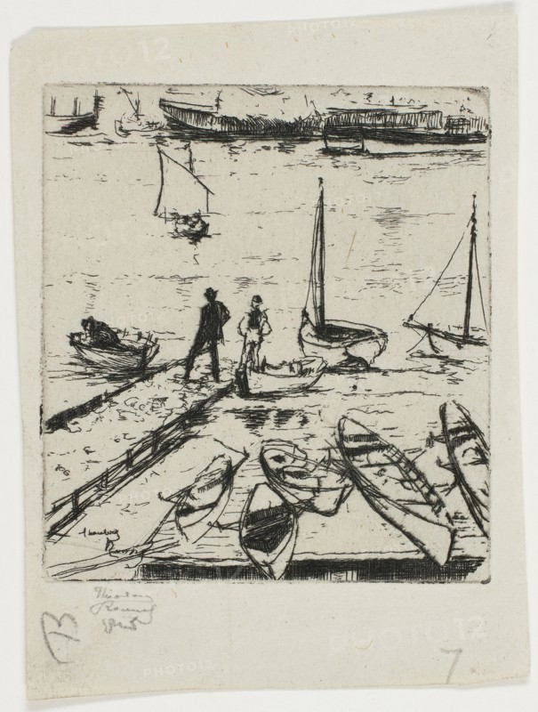 Pleasure Boats, Chelsea, 1888–89, Theodore Roussel, French, worked in England, 1847-1926, England, Etching in black on cream wove paper, 78 × 70 mm (image/plate), 104 × 78 mm (sheet)