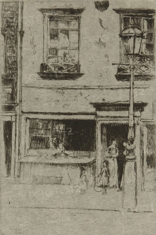 The Little Fish Shop, Chelsea Embankment, 1888–89, Theodore Roussel, French, worked in England, 1847-1926, England, Etching in black on cream Japanese paper, 120 × 80 mm (image/plate), 165 × 118 mm (sheet)