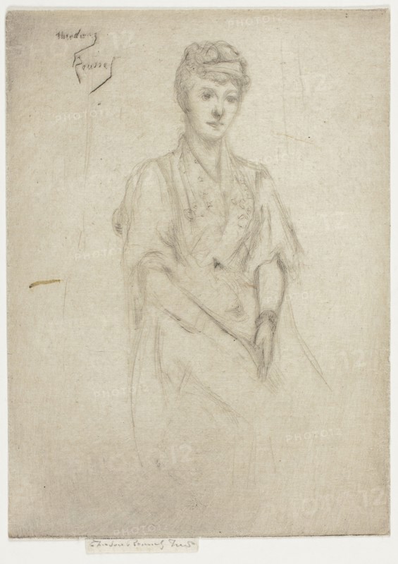 Portrait of Mrs. Cyprian Williams in Fancy Dress, 1890, Theodore Roussel, French, worked in England, 1847-1926, England, Drypoint in light black on ivory Japanese paper, 113 × 55 mm (image), 135 × 98 mm (plate), 138 × 98 mm (sheet)