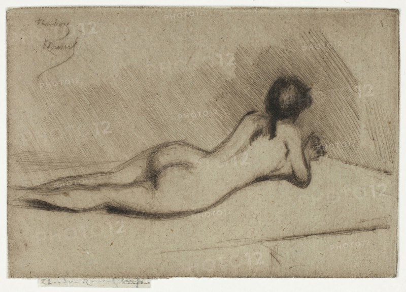 Study from the Nude of a Girl Lying Down, 1890, Theodore Roussel, French, worked in England, 1847-1926, England, Drypoint in black on ivory laid paper, 55 × 97 mm (image), 68 × 97 mm (plate), 69 × 97 mm (sheet)