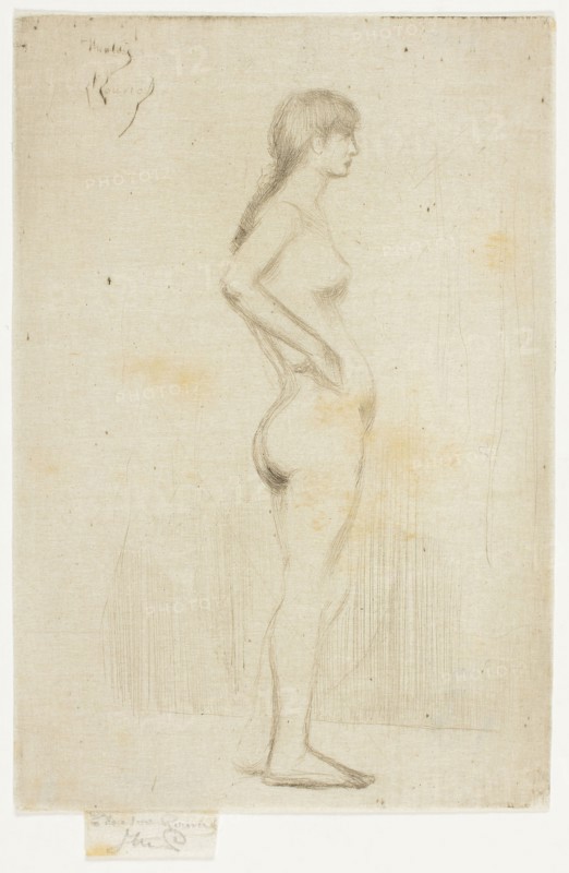 Study from the Nude of a Girl Standing, 1890, Theodore Roussel, French, worked in England, 1847-1926, England, Drypoint in light black on ivory Japanese paper, 105 × 65 mm (image), 121 × 81 mm (plate), 127 × 81 mm (sheet)