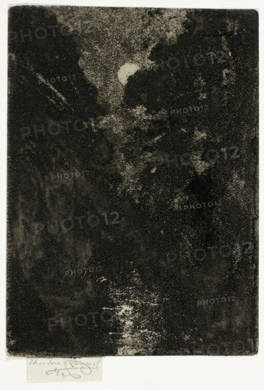 Trees in Moonlight, 1890–1900, Theodore Roussel, French, worked in England, 1847-1926, England, Soft ground etching in black on ivory laid paper, 99 × 70 mm (image/plate), 105 × 70 mm (sheet)