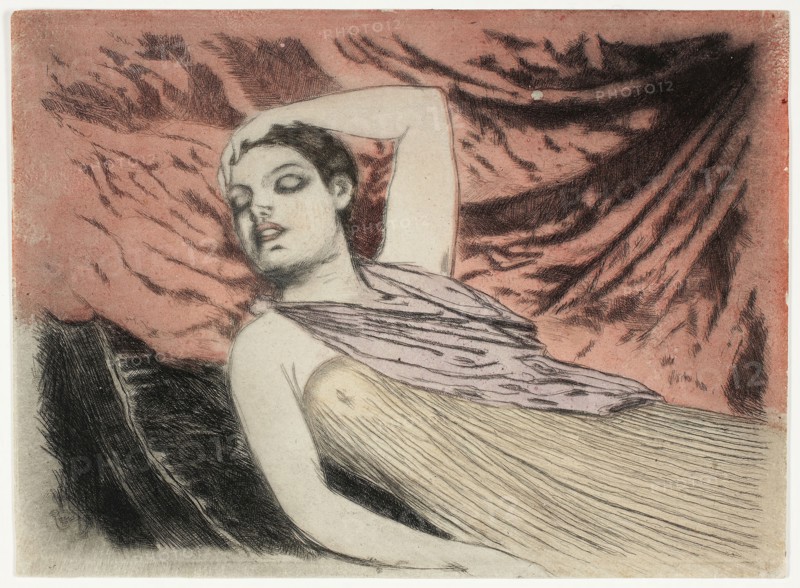 The Sleeping Model or The Sleeper, 1890–97, Theodore Roussel, French, worked in England, 1847-1926, England, Color etching, drypoint, and aquatint, with plate tone, on ivory wove paper, 125 × 169 mm (image), 130 × 178 mm (sheet, plate mark not visible)