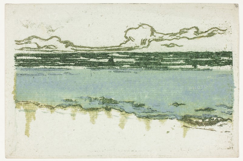 The Sea at Bognor, 1895, Theodore Roussel, French, worked in England, 1847-1926, France, Soft ground etching, inked à la poupée, in yellowish green and greenish blue on ivory laid paper, 75 × 141 mm (image, trimmed within plate mark), 100 × 151 mm (sheet)