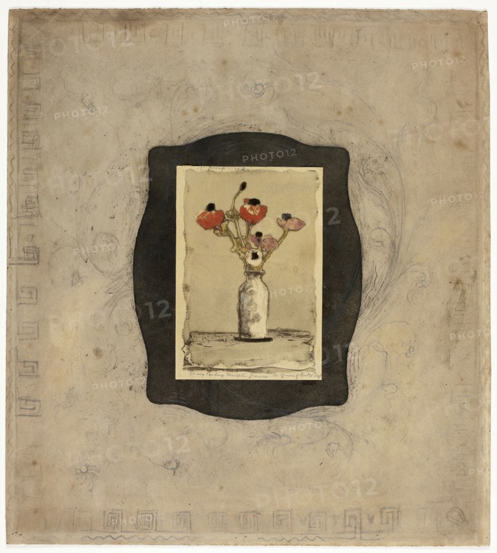 Anemonies, 1897, Theodore Roussel, French, worked in England, 1847-1926, England, Color etching and aquatint on cream wove paper, tipped onto tan wove paper mount with lavis in black and graphite, 114 × 75 mm (image, trimmed within plate mark), 120 × 83 mm (sheet), 302 × 272 mm (mount)
